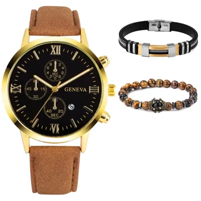 3pcs/set Men’s Casual Analog Watch And Classic Bracelets Set (1 Watch+2 Bracelets)